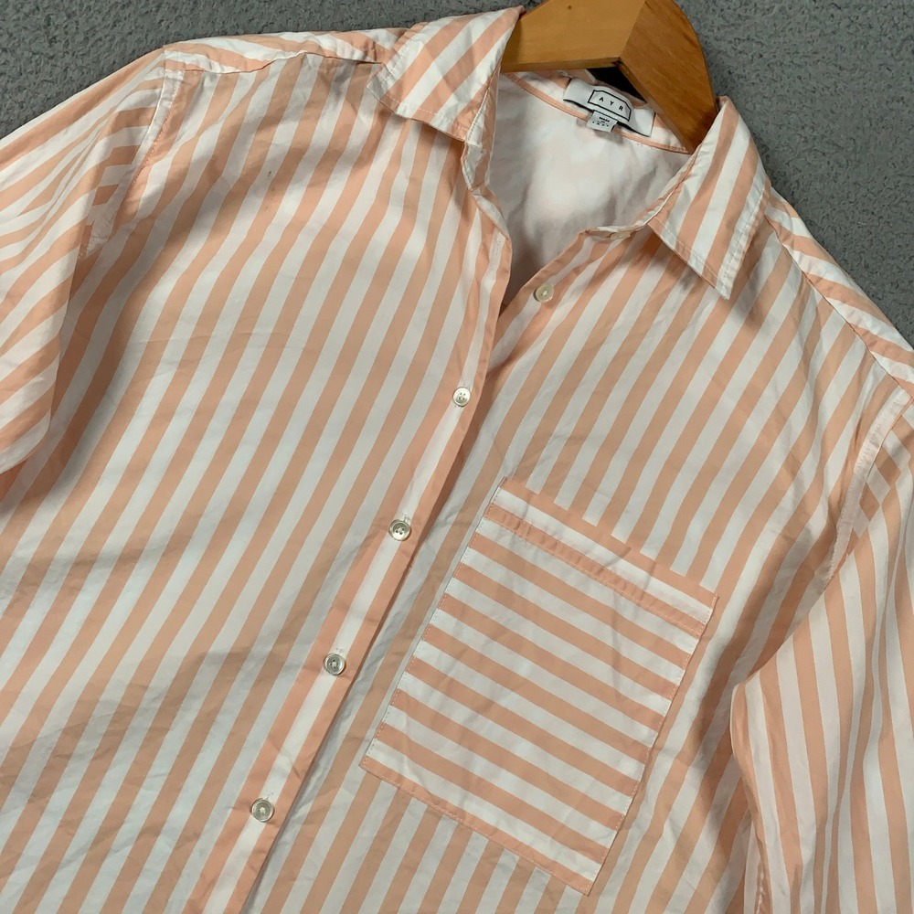 AYR The Deep End Shirt Women XS Peach White Striped Button Down Oversized Cotton